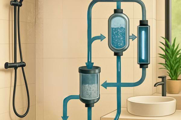 Un schema represente un systeme de filtration d&rsquo;eau relie a une douche.