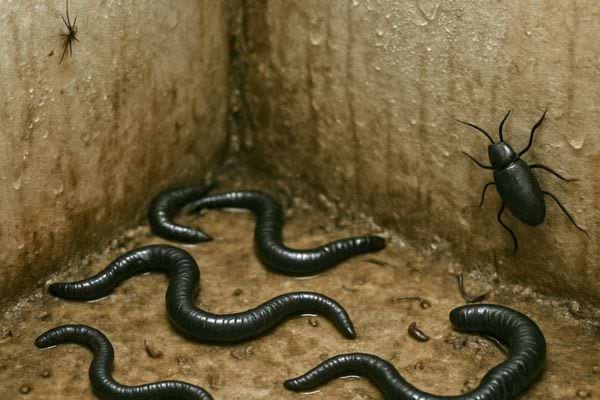vers noirs et insectes rampant sur un mur humide.
