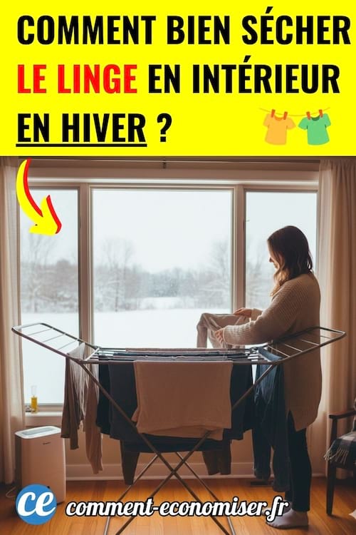 une femme &eacute;tend le linge &agrave; l'int&eacute;rieur en hiver