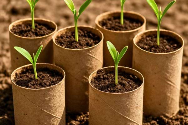  des graines poussent dans des rouleaux de papier recycl&eacute;s.
