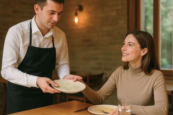 Serveur en tablier noir récupérant une assiette vide d’une cliente souriante.