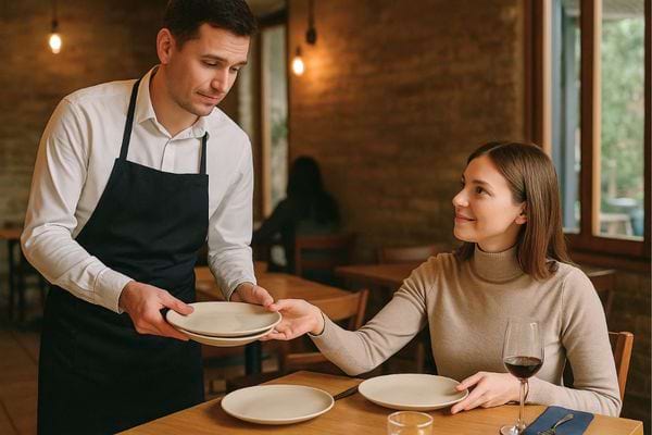 Serveur en chemise blanche tendant une assiette à une femme assise avec un verre de vin.