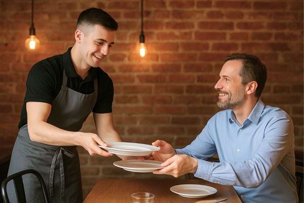 Serveur souriant remettant des assiettes à un homme assis dans un restaurant.
