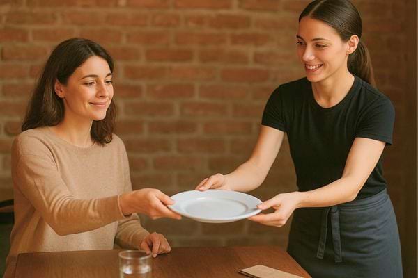 Serveuse souriante tendant une assiette blanche à une femme assise à table.