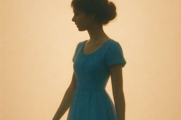 Une silhouette féminine en robe bleue apparaît dans une lumière chaleureuse.