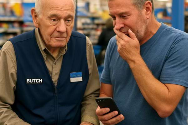 Un employé senior regarde un téléphone avec inquiétude aux côtés d’un collègue.