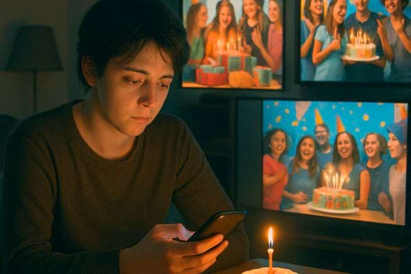 Un homme seul regarde son telephone devant une bougie tandis que des ecrans montrent une fete joyeuse.