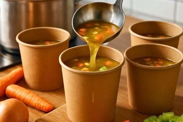 Une louche verse de la soupe chaude dans des gobelets en carton pour plusieurs portions.