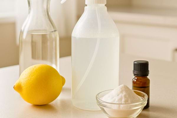 Un spray naturel au citron est posé avec des ingrédients ménagers simples.