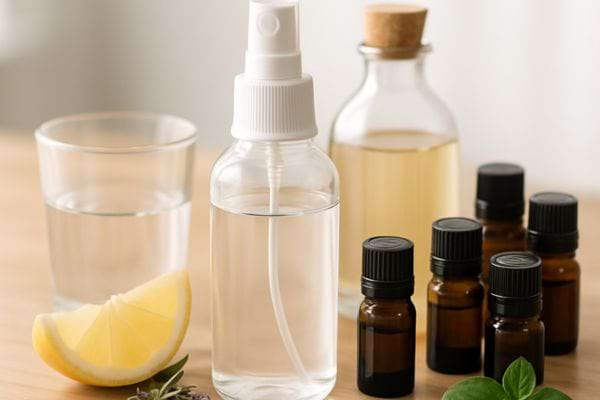 Un spray transparent est entoure de flacons d’huiles essentielles, de citron et d’eau.