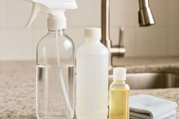 Flacons de vinaigre et d&rsquo;huile avec un spray de nettoyage pos&eacute; sur un plan de travail pr&egrave;s de l&rsquo;&eacute;vier.