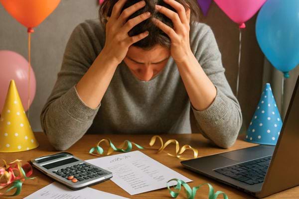 Un homme stressé tient sa tete devant des papiers et un ordinateur au milieu de decorations de fete.