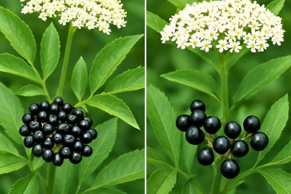 Deux grappes de baies de sureau sont comparees sous des fleurs blanches.