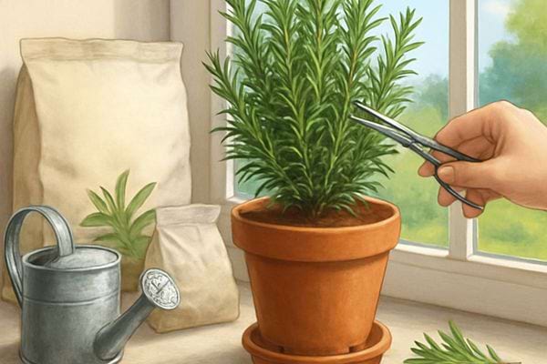 Une main taille un romarin en pot sur une table pres d une fenetre ensoleillee.