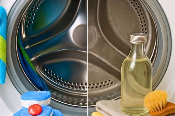 Un tambour de lave-linge est montré avant et après nettoyage avec produits.