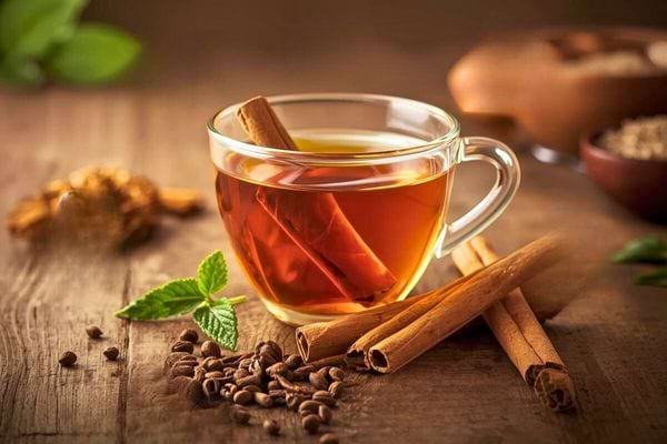 Tasse en verre remplie de thé chaud avec un bâton de cannelle et des feuilles de menthe.