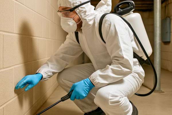 professionnel en combinaison blanche inspectant un mur pour nuisibles.