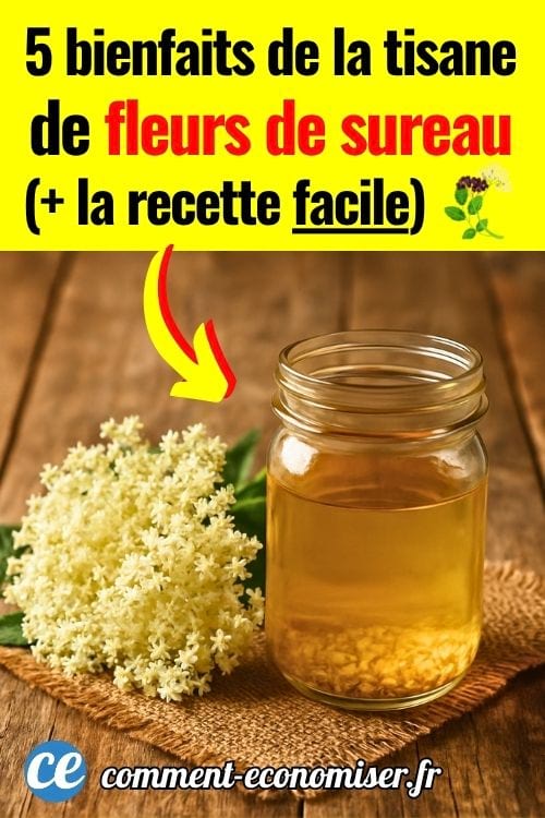 Des fleurs de sureau et une tisane de fleurs de sureau sur une table en bois