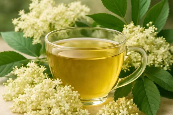 Une tasse de tisane aux fleurs de sureau est entouree de bouquets frais.