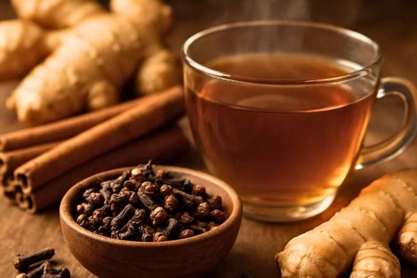 une tasse de tisane chaude est entouree de gingembre, cannelle et clous de girofle.