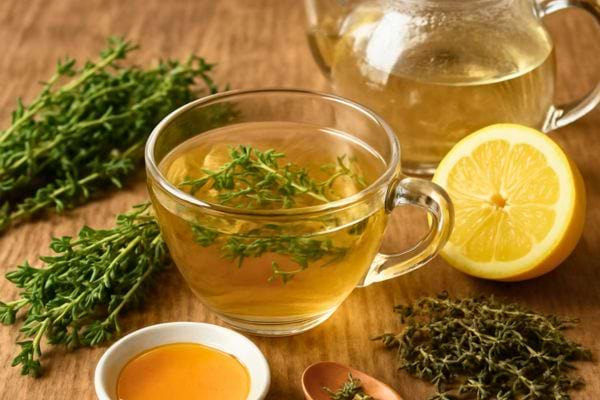 Une tasse de tisane au thym est accompagnée de citron et de miel.