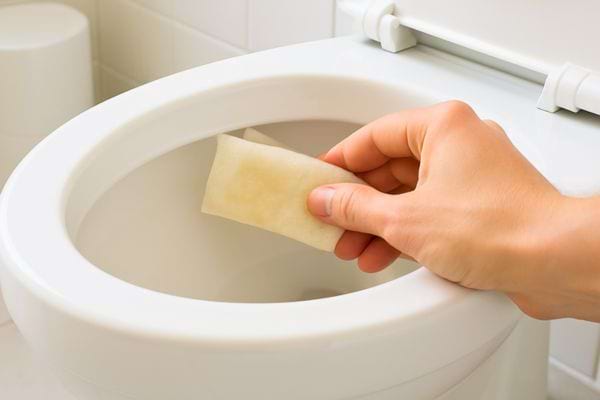 Main deposant une lingette dans une cuvette de toilette propre.