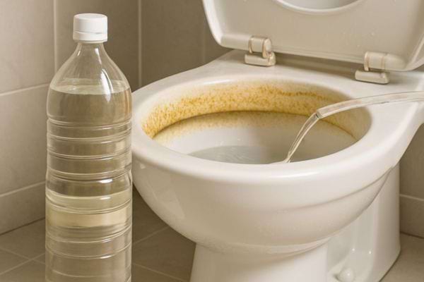 Vinaigre verse dans une cuvette entartee pour dissoudre le depot jaune.