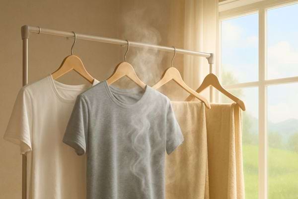 Des t shirts pendent avec de la vapeur qui s eleve pres d une grande fenetre.