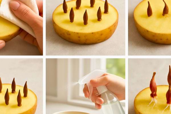Un montage montre une pomme de terre percee de clous de girofle et humidifiee pour une astuce maison.