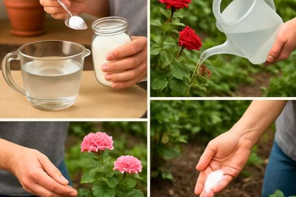 Un montage montre la preparation d’une solution saline et son application sur des roses.