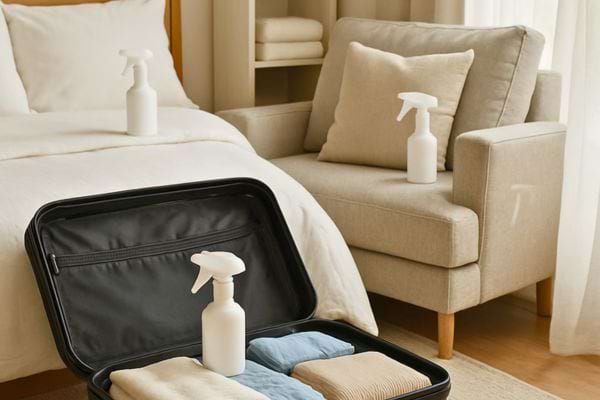 Une valise ouverte contient du linge range avec un spray blanc dans une chambre claire.