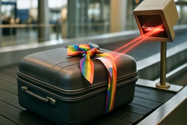 Une valise noire ornée d’un ruban arc-en-ciel passe sous un scanner laser rouge à l’aéroport.