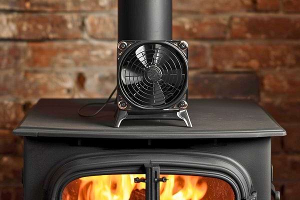 Ventilateur carré métallique noir posé sur un poêle à bois en fonctionnement.