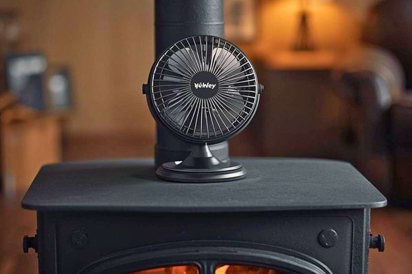 Ventilateur compact noir placé sur un poêle diffusant la chaleur dans un salon.