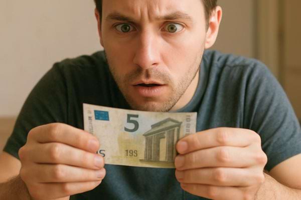 homme surpris examinant un billet de 5 euros