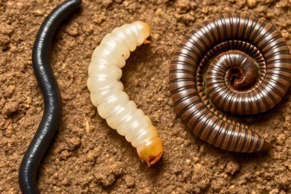 trois types de vers poses sur un sol de terre.