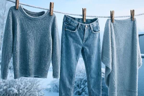 Un pull, un jean et un poncho sechent dehors dans un paysage gele.