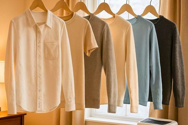 Des vetements propres sechent sur des cintres pres d une fenetre lumineuse.