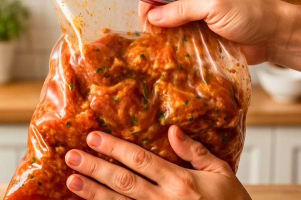 Des morceaux de viande sont melanges dans une marinade epicee a l&rsquo;interieur d&rsquo;un sachet zip.