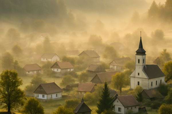 Village brumeux avec petites maisons et une église au centre.