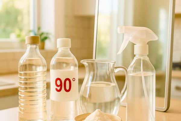 Plusieurs bouteilles transparentes et du bicarbonate sont regroupes pour un melange menager.