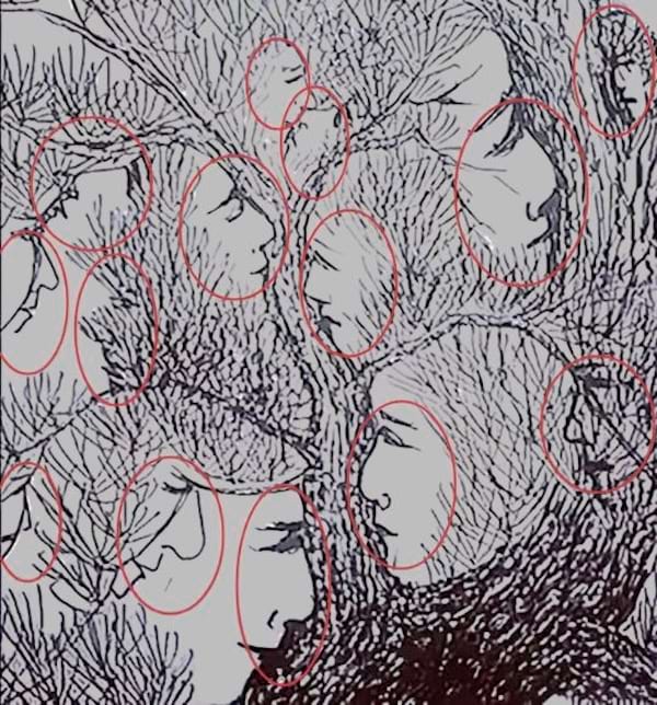 La solution du défi visuel qui consiste d'une image où l'on doit trouver des visages cachés dans un arbre