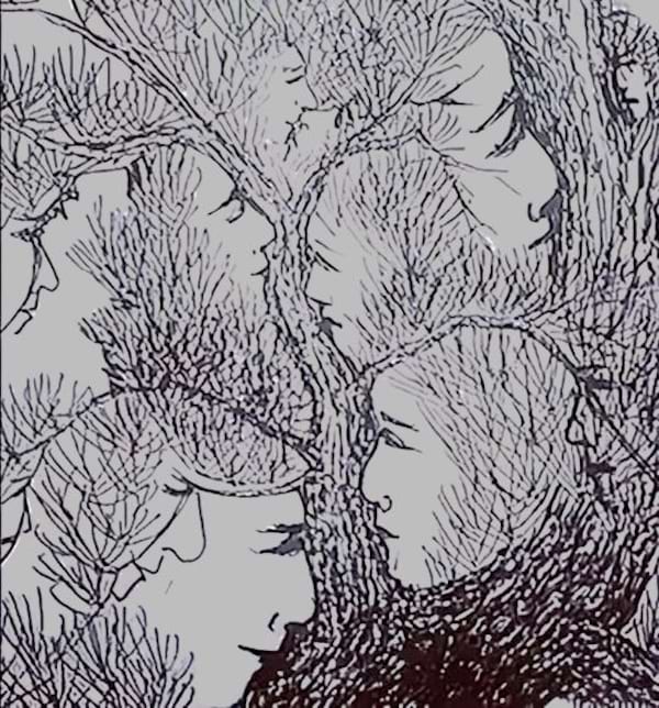 Défi visuel qui consiste d'une image où l'on doit trouver des visages cachés dans un arbre