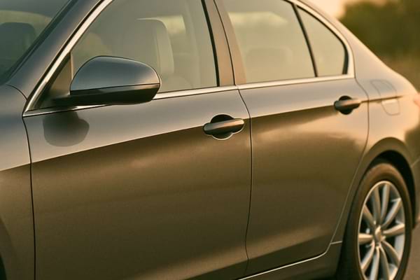 La porte d une voiture grise est vue de cote avec la poignee et le retroviseur.
