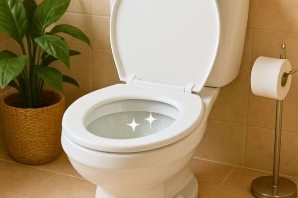 Toilettes propres ouvertes, brillantes, avec plante verte et papier toilette posé à côté.