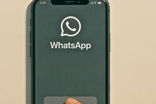 Un ecran de smartphone affiche la page d’ouverture de WhatsApp.
