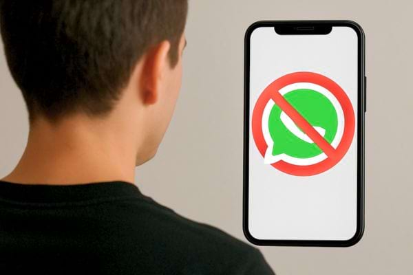 Un smartphone montre un logo WhatsApp barre devant un homme de dos.