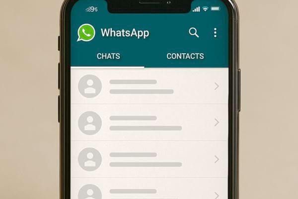 ecran whatsapp montrant onglet chats et liste de contacts anonymes.