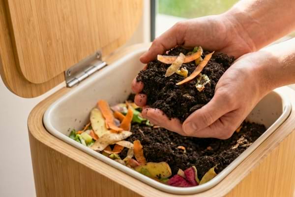 Gros plan sur des mains tenant du terreau riche et sombre au-dessus d'un petit composteur