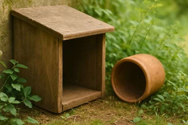 un petit abri en bois et un pot couches au sol pour offrir refuge aux animaux du jardin